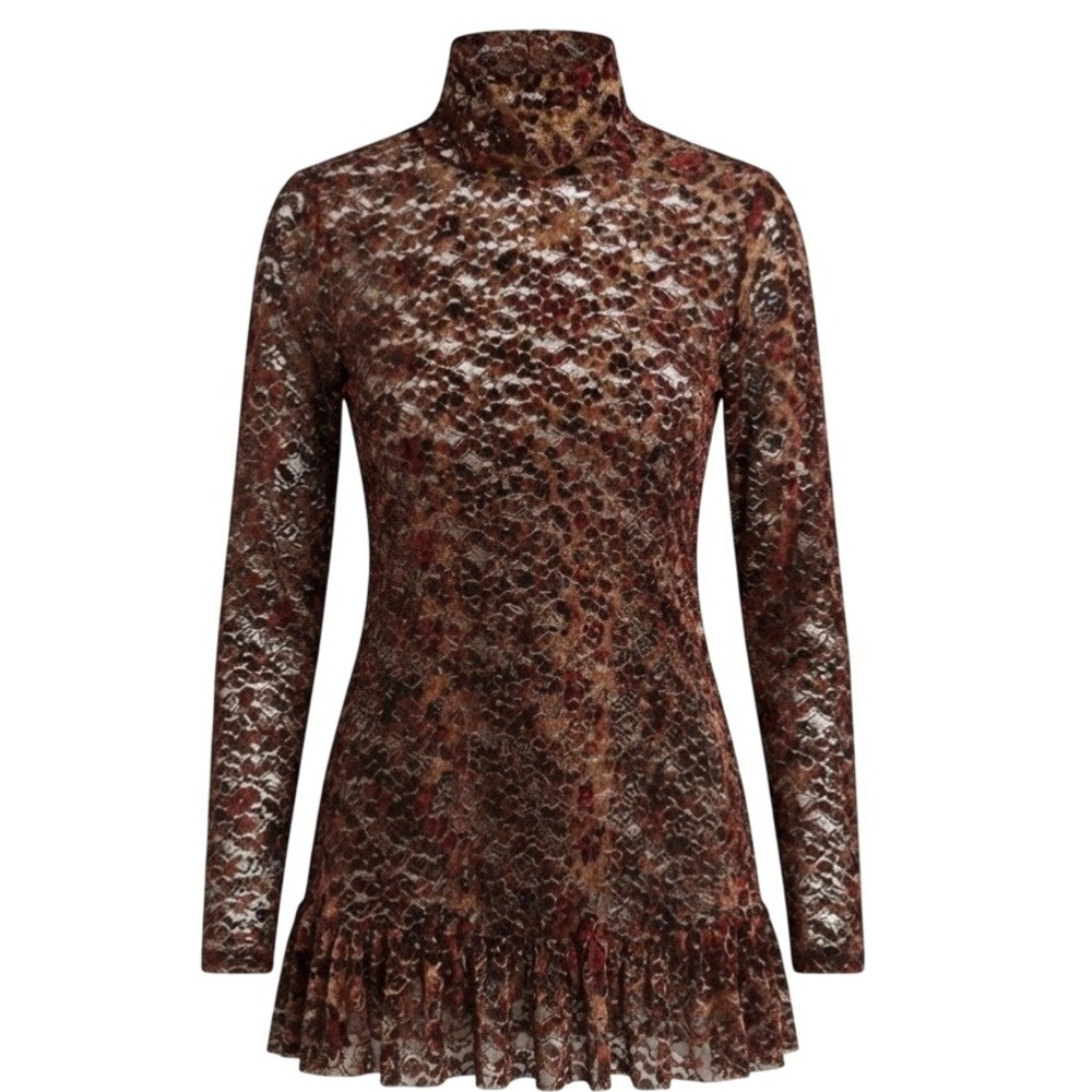 Easel Textured Lace Leopard Print Mock Neck Ruffle Hem Tunic Dress Medium